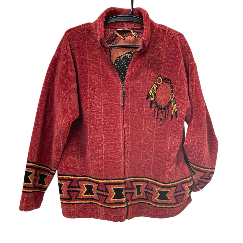 Vintage Black Mountain Fleece Buffalo Native Feathers Zip Jacket XL Made in USA